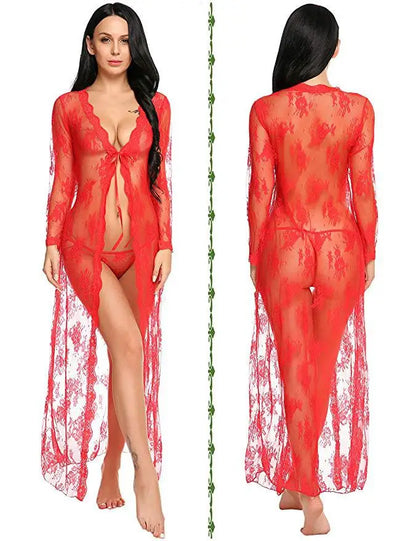 Toucheart Sexy Lace Mesh Transparent Sexy Robe Nightgown Women's See-Through Lace Printing Deep V-Neck Home Ultrathin Nightgown