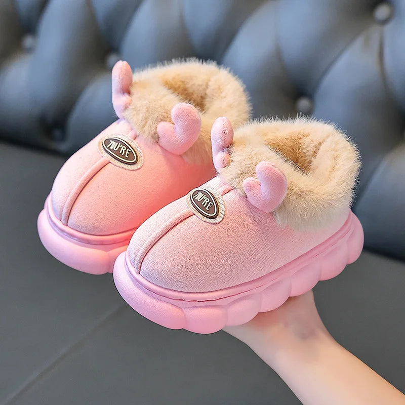 Children's Slippers Winter New Cartoon Warm Anti Slip Boys Girls Indoor Comfortable Platform Reindeer Baby Plush Cotton Shoes