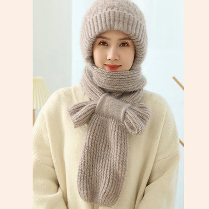 Velvet Thickened Plush Hats And Scarf All In One Knitted Women's Winter Double Layer Warm Wool Hooded Ear Protection Beanie Cap