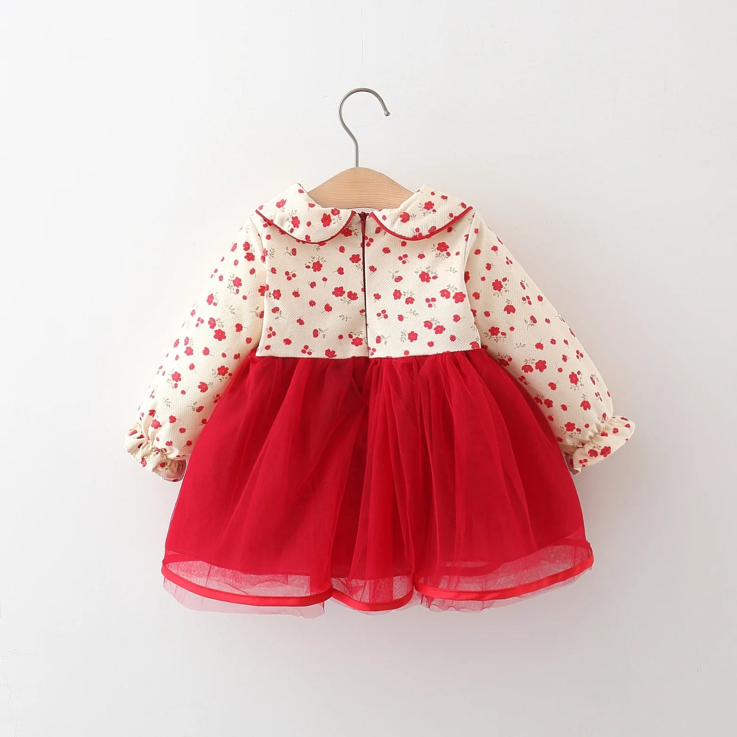 Spring and Autumn New Girl Princess Dress Red Chinese Style Small Flower Flip Collar Buckle Dress