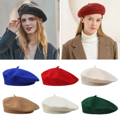 Autumn Winter Warm Wool Berets Hat Retro Elegant Plain Cap All Matched Solid Color French Artist Hat Lady