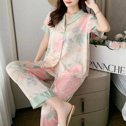 Woman Pijamas Short Sleeve Long Trousers Loose School Home Wear 2PCS Set Lotus Cardigan Lapel Trousers Sleepwear Girl Loungewear