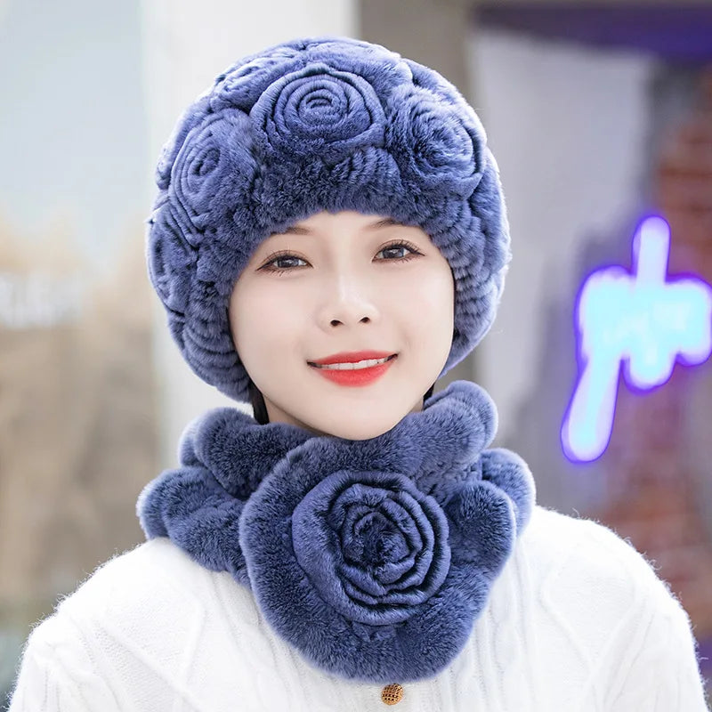 2025 Hot Sale Women Winter Fur Hat Scarf Sets Natural Warm Real Rex Rabbit Fur Cap Scarves Lady Knitted Genuine Fur Hats Muffler