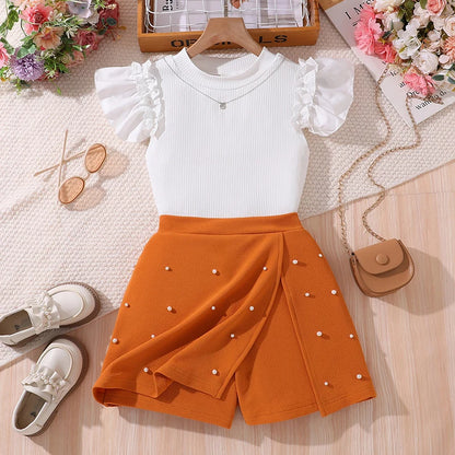 Korean Fashion Summer Outfits For Kids Girls White Short-Sleeved Top And Yellow A-line Shorts Simple Generous Style Daily Suits