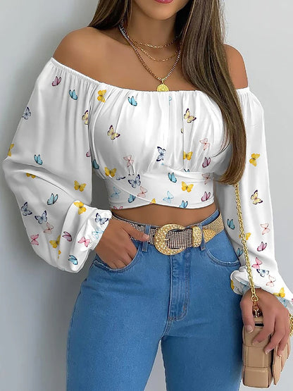 Women Elegant Boho Print Blouse Casual Long Lantern Sleeve Off Shoulder Slim Shirt Female Chic Cropped Top Summer Tunics