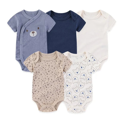 4/5PCS Cotton Bodysuits Print Newborn Baby Girl Clothes Short Sleeve Cartoon Baby Boy Clothes Set Solid Color Summer Bebes