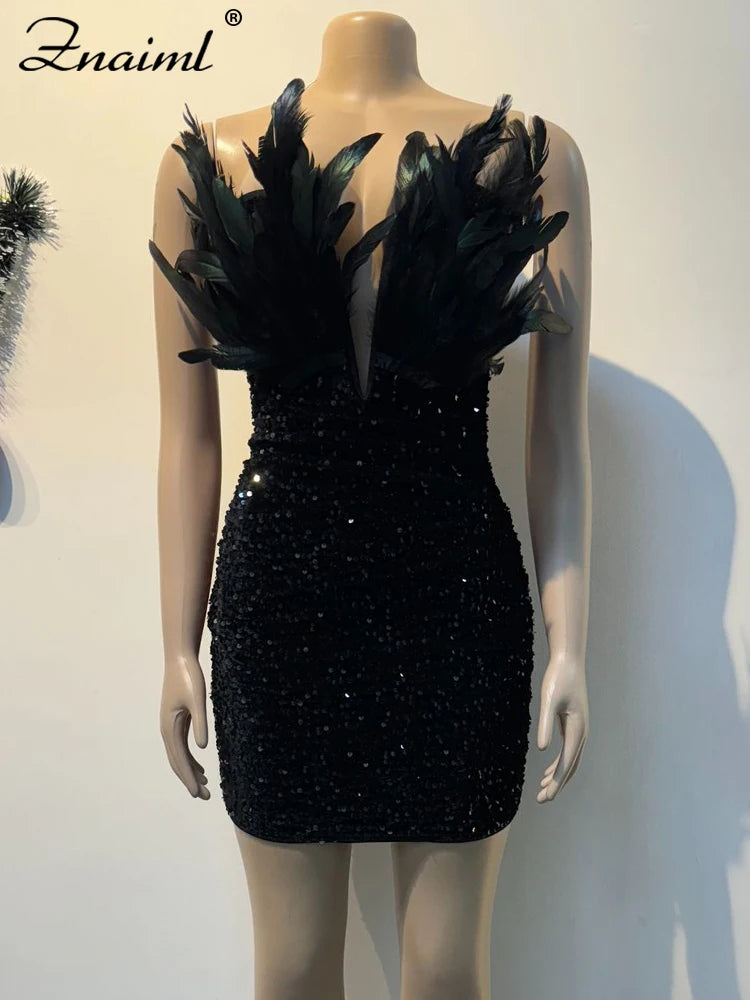 Women’s Feathers Sequin Strapless Deep V-neck Black Bodycon Mini Dresses