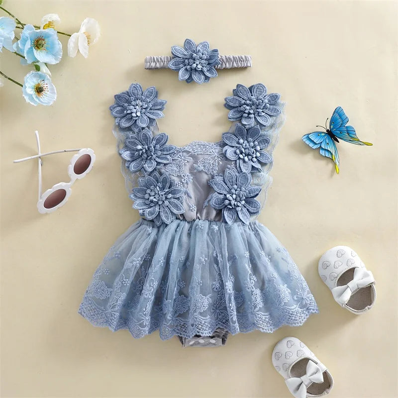 Pudcoco Infant Newborn Baby Girl Summer Outfit, Flower Embroidery Tie-Up Mesh Romper Dress Bow Headband 2 Piece Set 0-24M