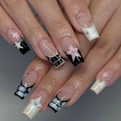 Y2K Black White Star Artificial Fake Nails