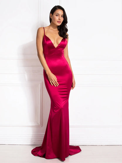 Deep V Neck Fuchsia Black Satin Maxi Dress Long Mermaid Bodycon Floor Length Open Back Stretch Cut Out Party Dress