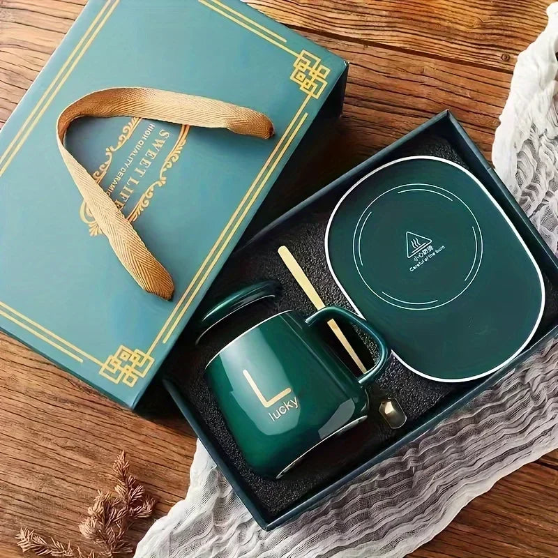Thermostat Cup Gift Box Ceramic Cup with Spoon and Storage Bag Set Folding Spoon Portable Cup