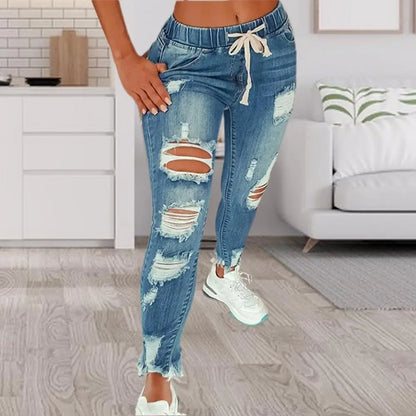 Stretchy Ripped Hole Jeans Women 2025 Straight Denim Trousers Female High Waist