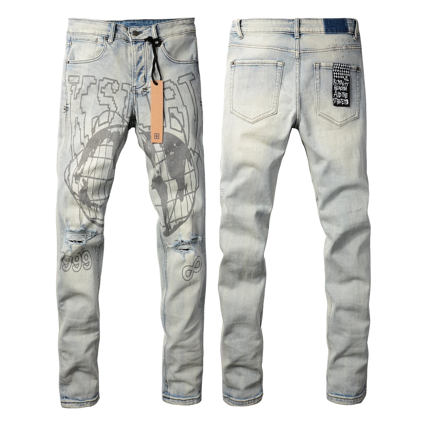 25SS New Men Streetwear Fashion KSUBI Cross Jeans Vintage Wash Do Old Patch Light Blue Stretch Slim Denim Trousers Brand Jeans