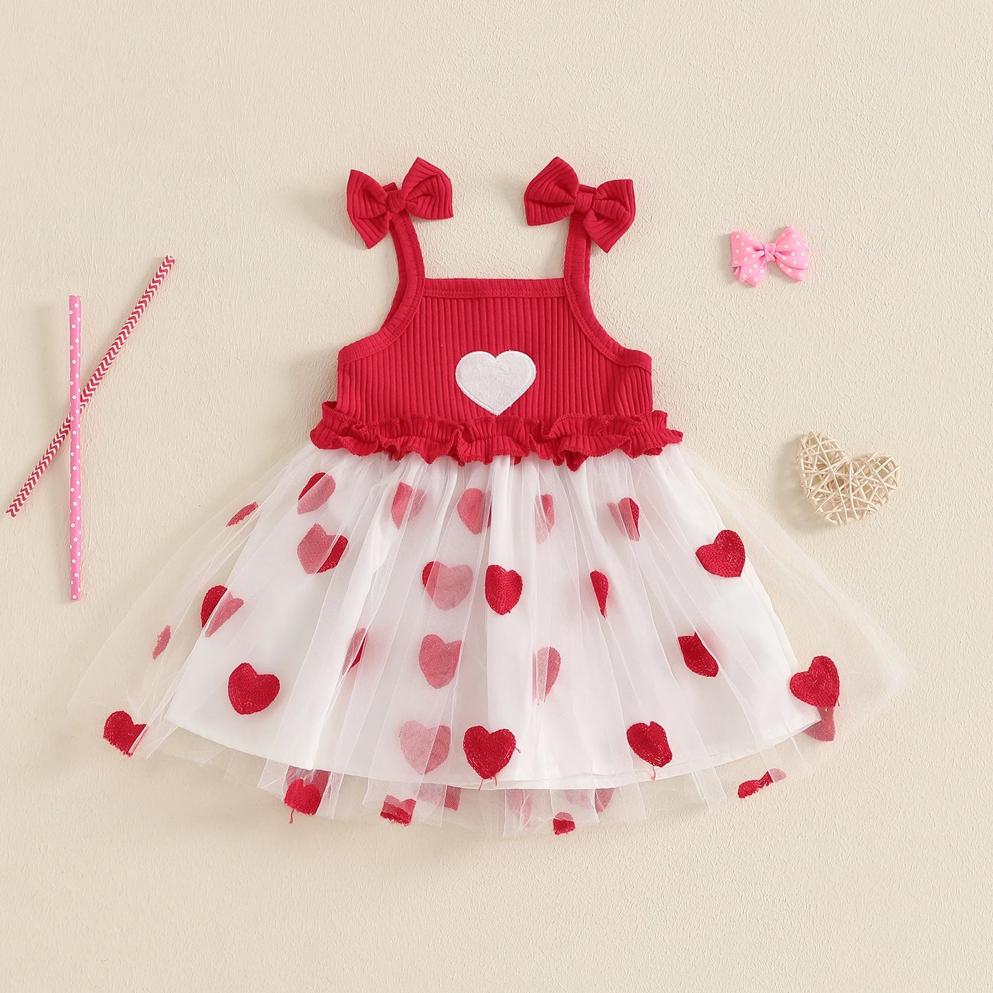 Lovely Toddler Girl Sleeveless Mesh Dress Heart Embroidery Square Neck Tulle Princess Dresses Valentines Day Clothes