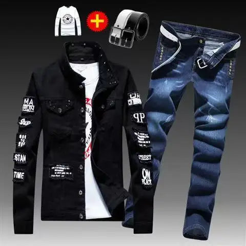 Spring Autumn Mens Denim Jacket + Jeans Pants Set Fashion Single Breasted Coat Trousers Two Piece Denim suit