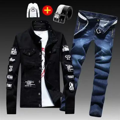 Spring Autumn Mens Denim Jacket + Jeans Pants Set Fashion Single Breasted Coat Trousers Two Piece Denim suit