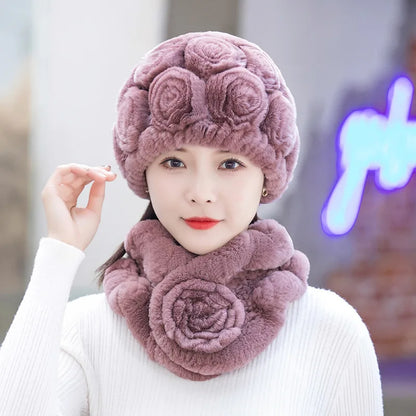 2025 Hot Sale Women Winter Fur Hat Scarf Sets Natural Warm Real Rex Rabbit Fur Cap Scarves Lady Knitted Genuine Fur Hats Muffler
