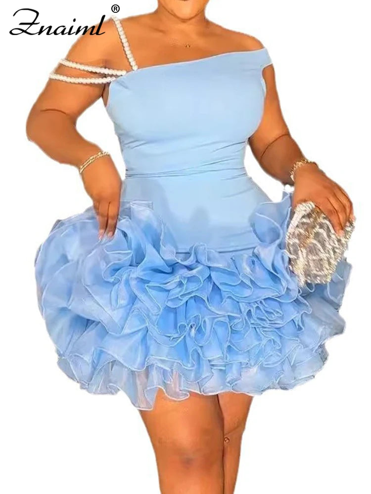 Women Blue Stretchy Mini Dresses With Pearls Ruffles Trimmed Bottom