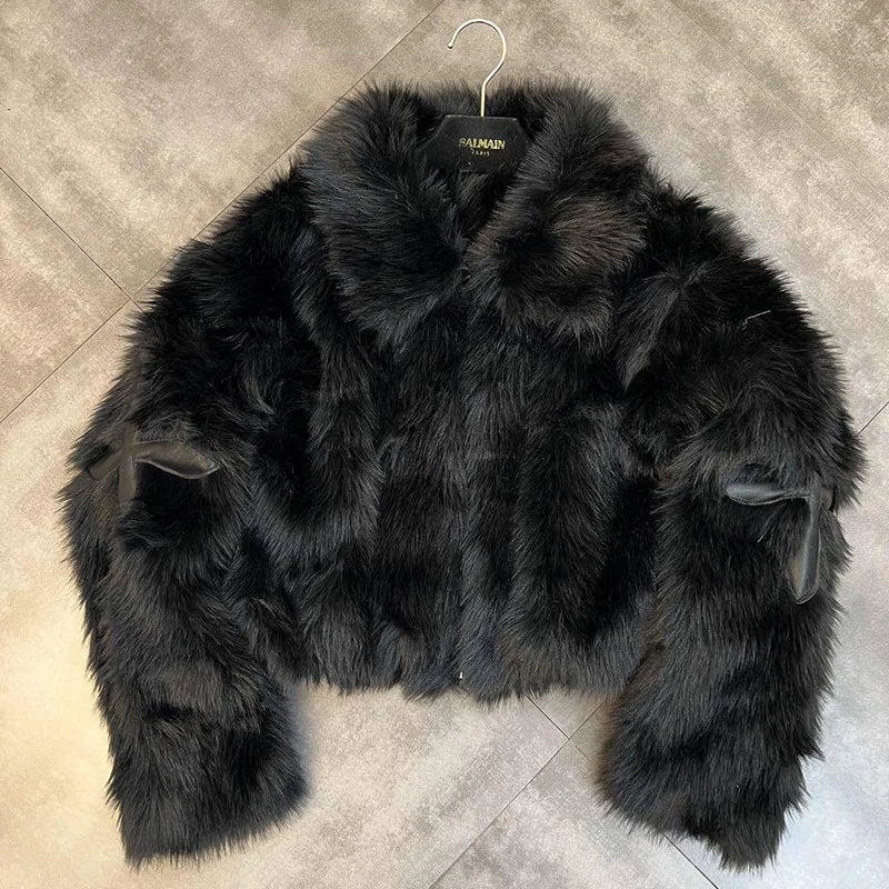 Winter Women Cotton Jacket Lapel Long Sleeve Patch Cross Short Fur Coat Black 2025 New
