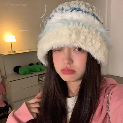 Japan Fashion Plush Fisherman Hat Women's Autumn and Winter Make Your Face Look Smaller  Rabbit Fur Knitted Hat Big H...