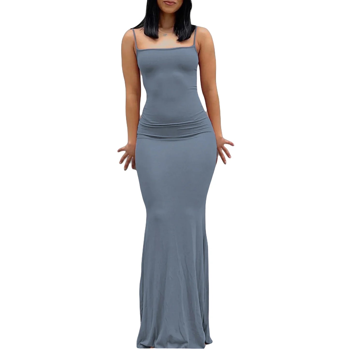 Sexy Bodycon Long Dress Solid Color Spaghetti Strap