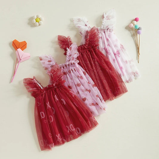 Summer Toddler Kids Girls Valentines Day Dress Casual Heart/Letter/Bow Print Mesh Tulle Dress for Princess Party Cute Clothes