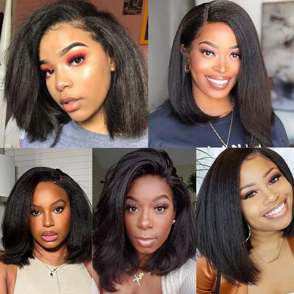 Glueless Kinky Straight Short Bob Human Hair Wigs for Women 13x4 HDTransparent Lace Frontal Peruvain Remy Hair Soft Yaki Bob Wig