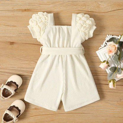 Summer Small Square Neck Puff Sleeve Belt Jumpsuit For Baby Girls