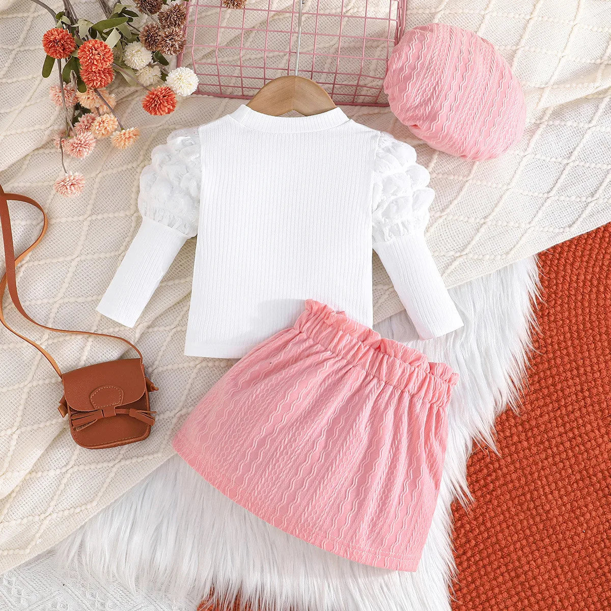 Baby Girl's Clothing Sets White Bubble Long Sleeve Princess Style Tops Bow Half Skirts Hat Three Piece Set Outfits 1 2 3Years