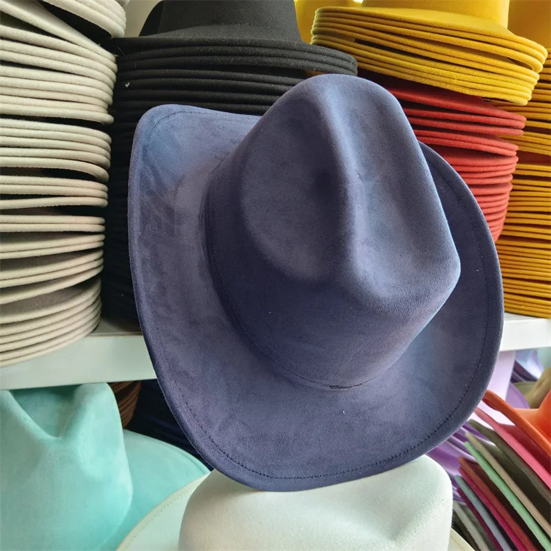 Western suede leather 7.5CM Western denim women's Fedora hat men's church jazz hat fashion travel party hat denim hat 2024