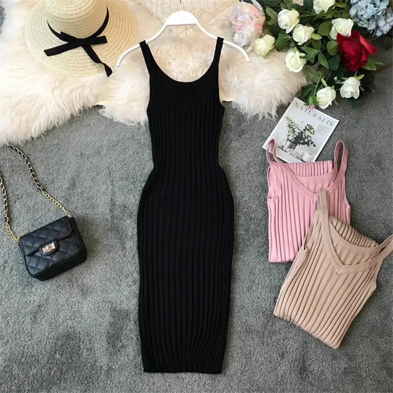 New V Neck Slim Summer Sexy Knit Midi Dress Spaghetti Strap Vestido De Festa Women Casual Party Bodycon Knee-Length Vestidos