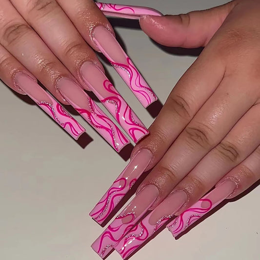 24 Pieces of Extra Long Coffin Shaped French&irregular Lines with Sparkling Pink Gloss Fake Nails&1 Nail File and 1 Jelly Sheet