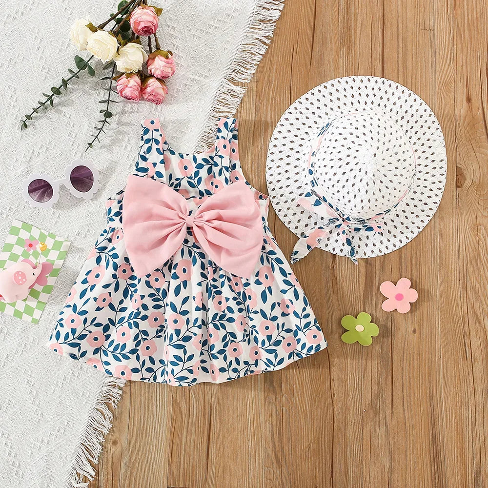Summer New Girls Dress Halter Ribbon Ribbon Full Print Floral A-line Dress Birthday Party Team Dress + Hat Bow Ribbon