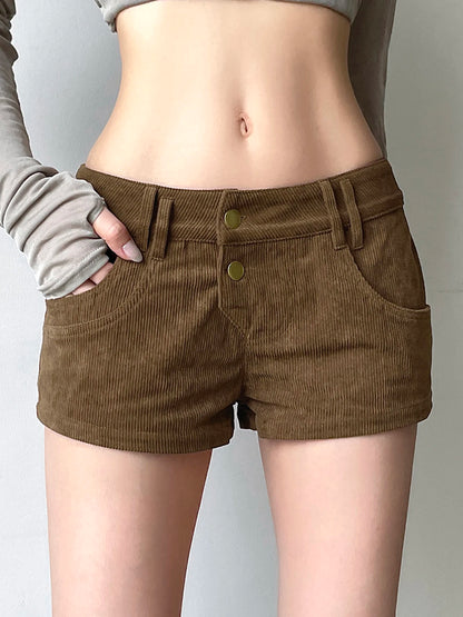 Patchwork Leopard Chic Y2K Corduroy Short Women Simple All-Match Button Mini Low-Waist Pants