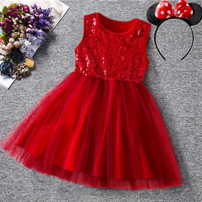 Baby Girls' Red Children's Sequin Sleeveless Mesh Princess Dress Causal Clothing for 2-6Y