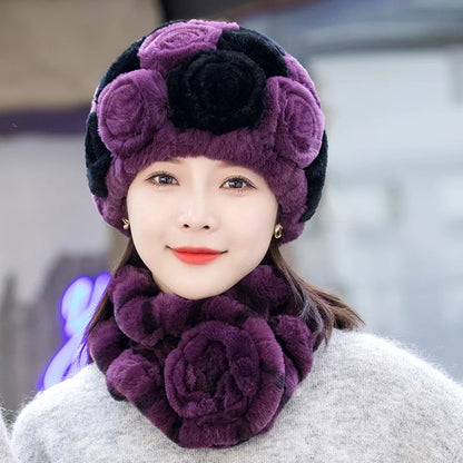 2025 Hot Sale Women Winter Fur Hat Scarf Sets Natural Warm Real Rex Rabbit Fur Cap Scarves Lady Knitted Genuine Fur Hats Muffler