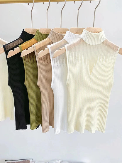 Mesh Knitted Top Half Neck Vest Sleeveless Sweater