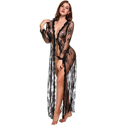 Toucheart Sexy Lace Mesh Transparent Sexy Robe Nightgown Women's See-Through Lace Printing Deep V-Neck Home Ultrathin Nightgown