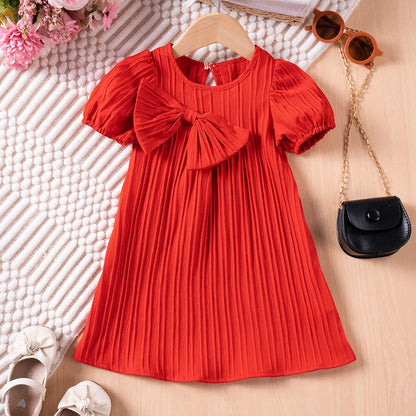 New Girl Dress Solid Color Bubble Sleeve Dress Cute Bow Party Dress Daily Casual Summer Clothing