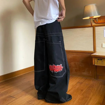 Hip Hop Vintage Street Leisure Denim Pants Beautiful Gothic Fashion Embroidered Jeans Y2k Straight Leg Wide Leg Men Clothing