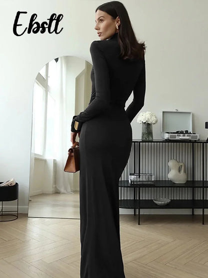 Elegant Turtleneck Pleated Party Dress Women Sexy High Split Long Sleeve Hip Package Maxi