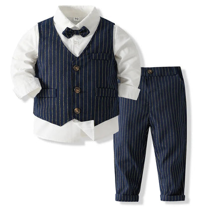 Baby Boy Formal Suit Gentleman Clothes Sets Autumn Children Birthday Wedding Party Dress Suit Sets Bowtie Shirt+Vest+Trouser Set