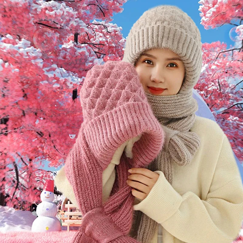 Velvet Thickened Plush Hats And Scarf All In One Knitted Women's Winter Double Layer Warm Wool Hooded Ear Protection Beanie Cap