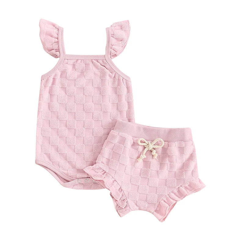 Baby Clothing Girl Summer Clothes Infant Solid Color Plaid Romper with Elastic Waist Shorts Nebworn Set