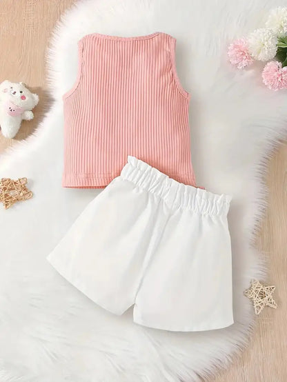 Cute Baby Girl Outfit - Pit Strip Collared Bow T-shirt and White Bow Shorts Set for Summer Outings