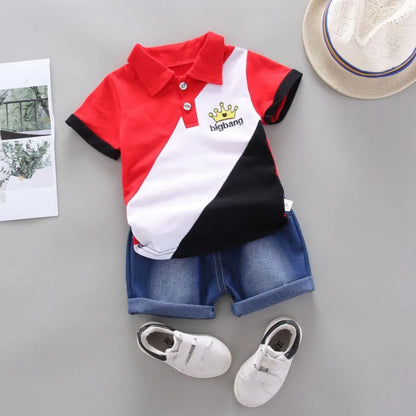 Boys Summer Shorts Set Lapel Patchwork Crown Short Sleeve Denim Shorts Two-Piece Set 0-6 Years Old Boys Children's Sets