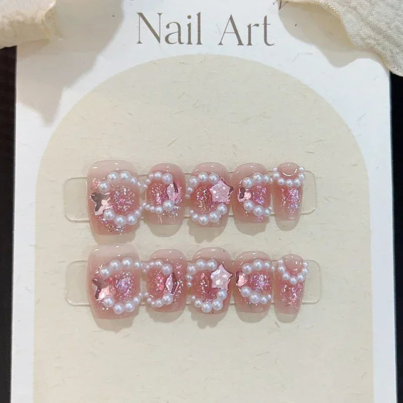 10Pc Handmade French Press on Nails Short Blush bow Diamonds Design False Nails Wearable Manicure Acrylic Full Over Nail Art Tip