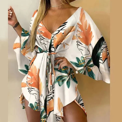 New Summer Beach Elegant Women Dresses Sexy V Neck Lace-up Floral Print Mini