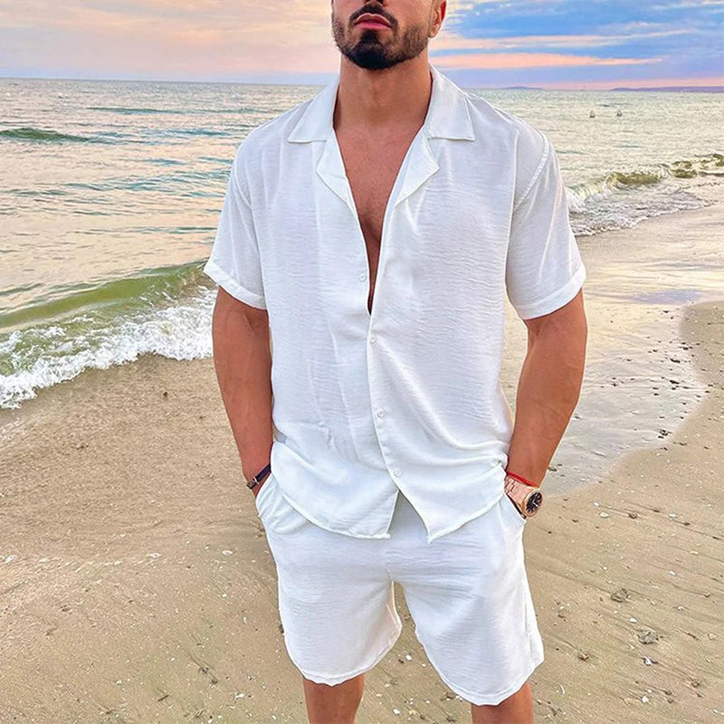 Men's Summer Casual Loose Two Piece Sets Beach Solid Cotton Linen Man Suit Short Sleeve Button Shirt And Shorts Office Outfits