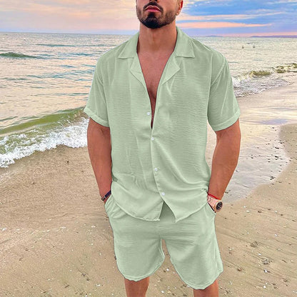 Men's Summer Casual Loose Two Piece Sets Beach Solid Cotton Linen Man Suit Short Sleeve Button Shirt And Shorts Office Outfits